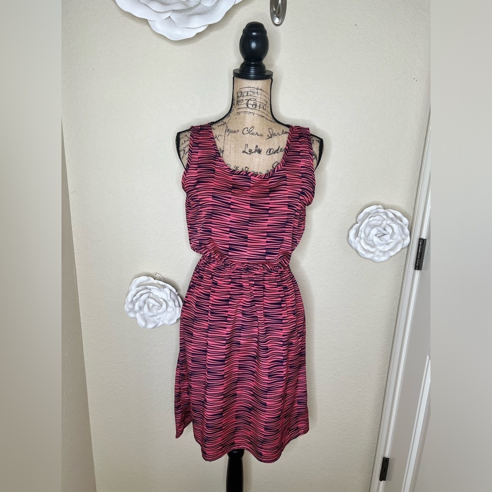 Needle & Thread Hi Lo Sleeveless Pink & Navy Abstract Stripe Dress